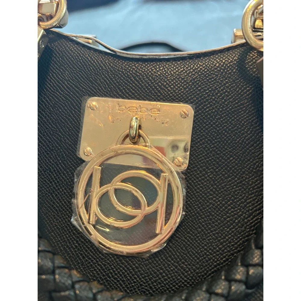 Bebe Black Saffiano Crossbody Satchel Bag Braided Handle Gold Logo Medallion